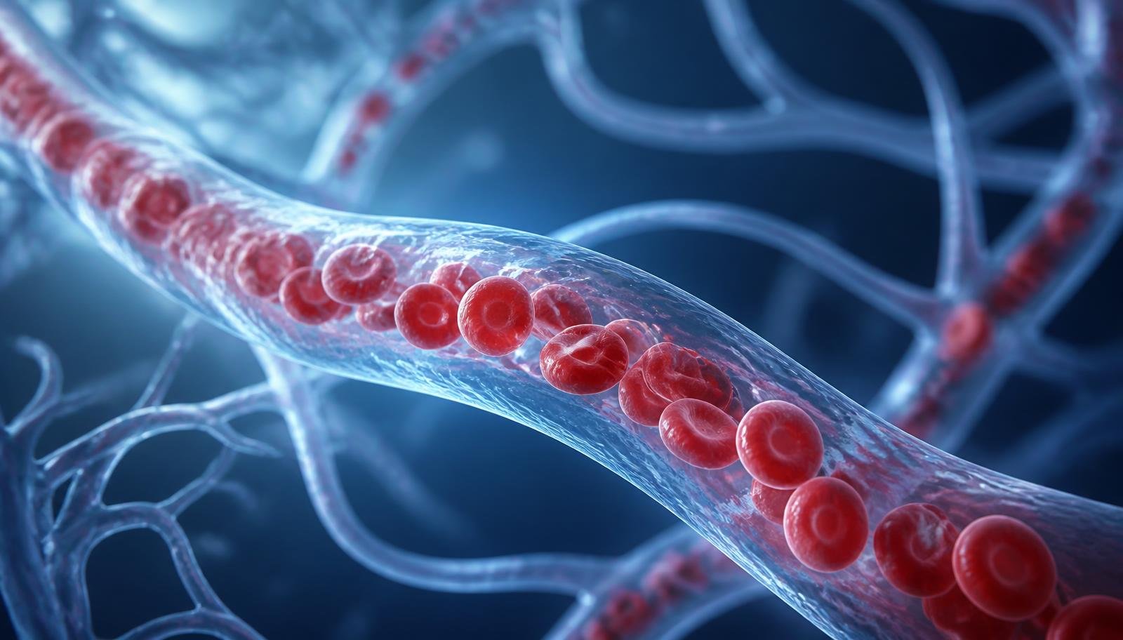 Illustration of red blood cells travelling through a capillary within the microvascular network